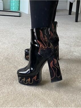 Black Patent Platform Ankle Boots with Orange-Red Rhinestone Flame Detail
